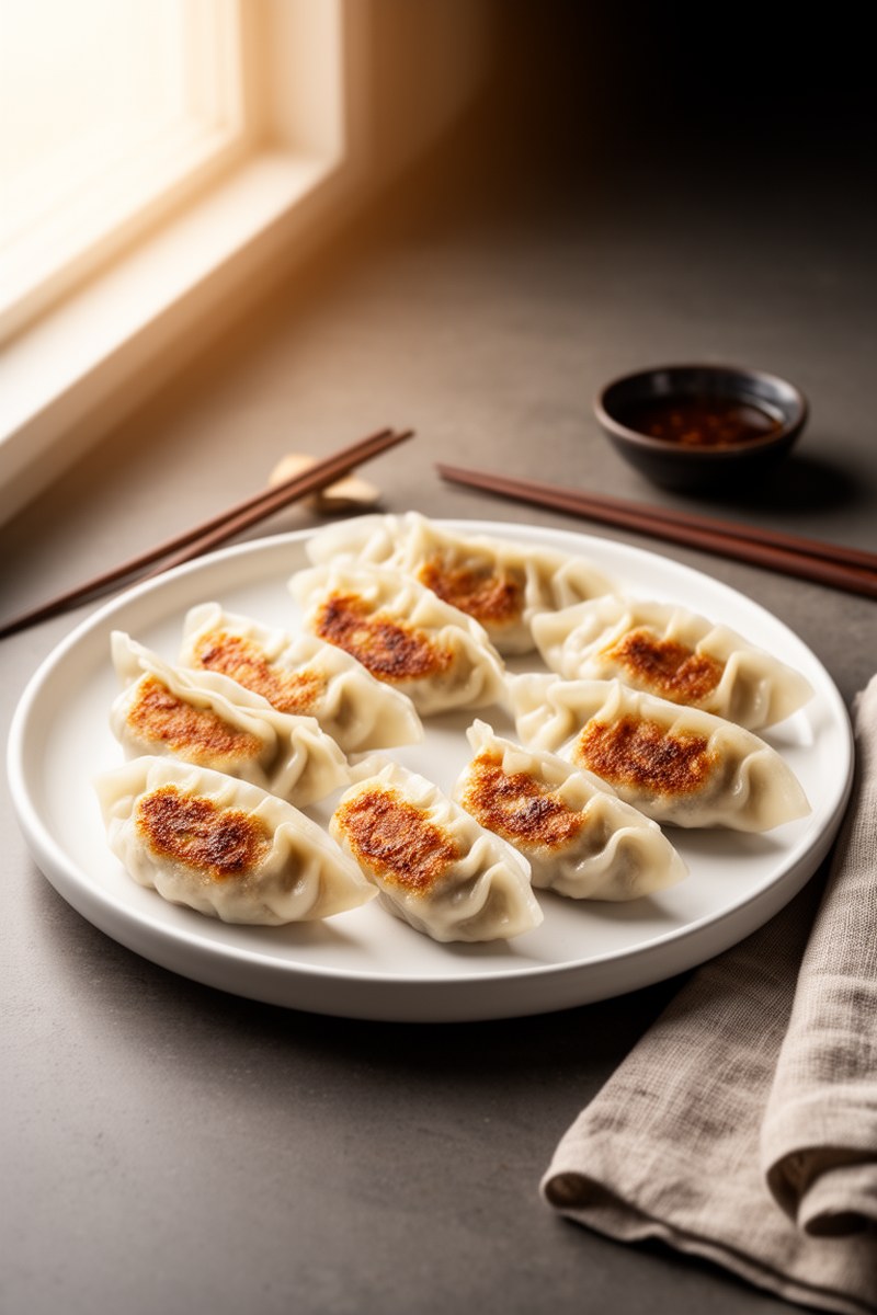 Pan Fried Pork And Chive Potstickers served on white ceramic plate