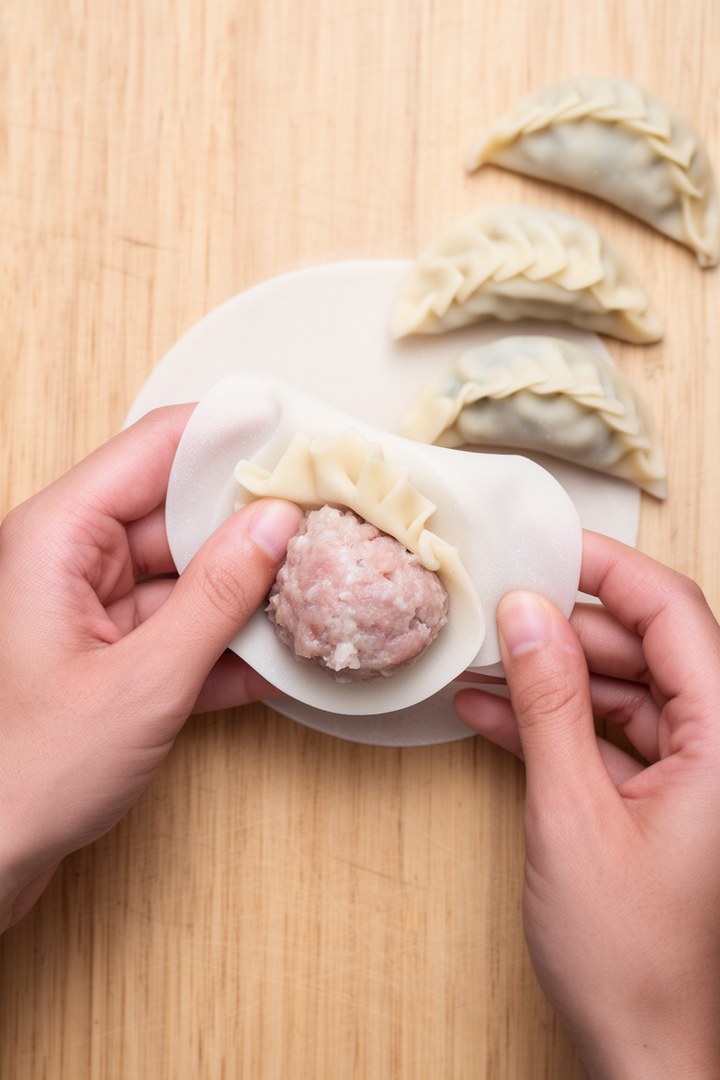 Step 2 of making Pan Fried Pork And Chive Potstickers — Fill and pleat the wrapper