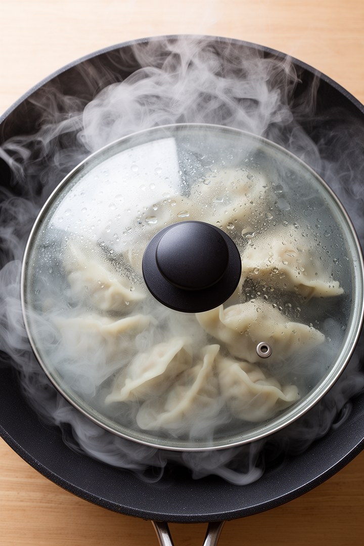 Step 4 of making Pan Fried Pork And Chive Potstickers — Steam under lid