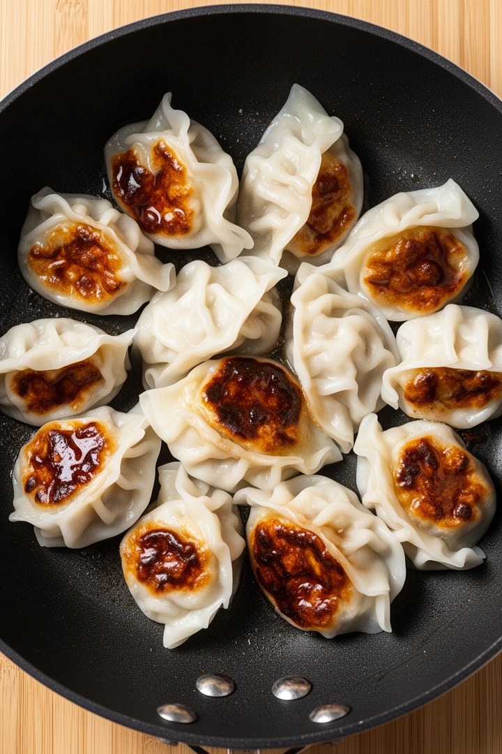 Step 5 of making Pan Fried Pork And Chive Potstickers — Re-crisp to deep golden