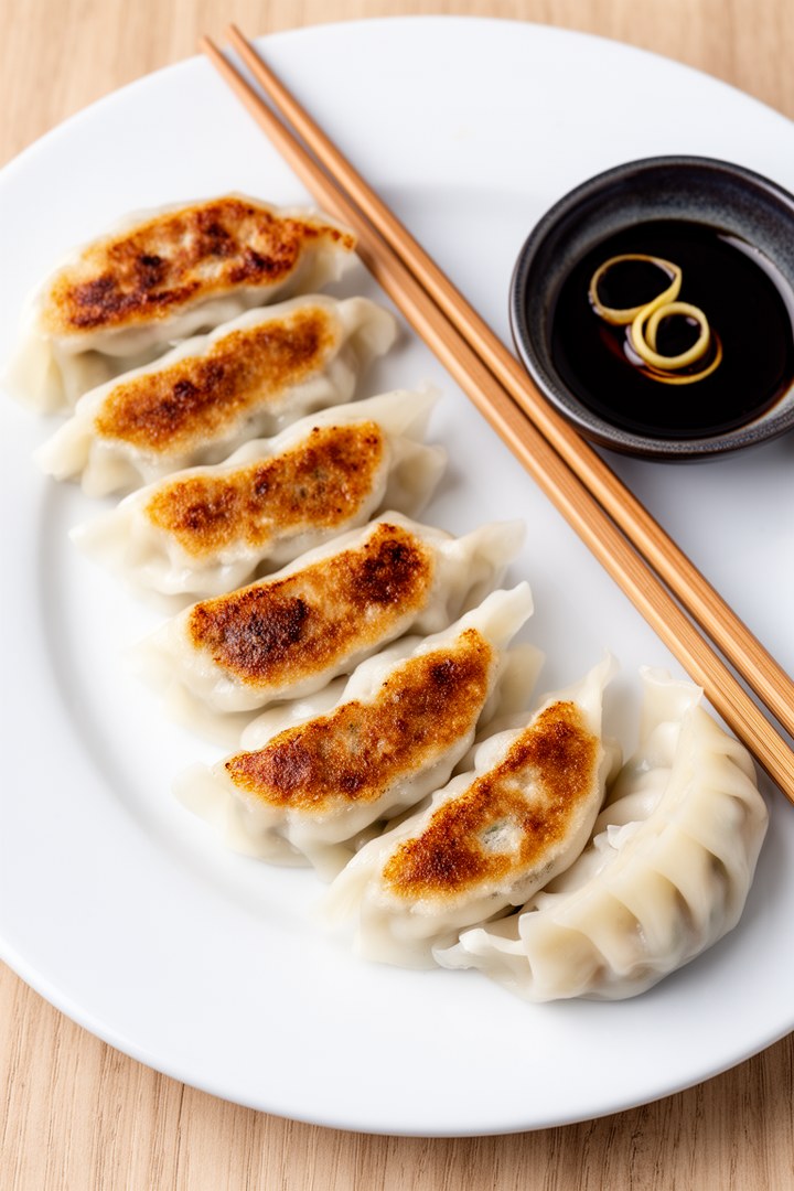 Step 6 of making Pan Fried Pork And Chive Potstickers — Served with dipping sauce