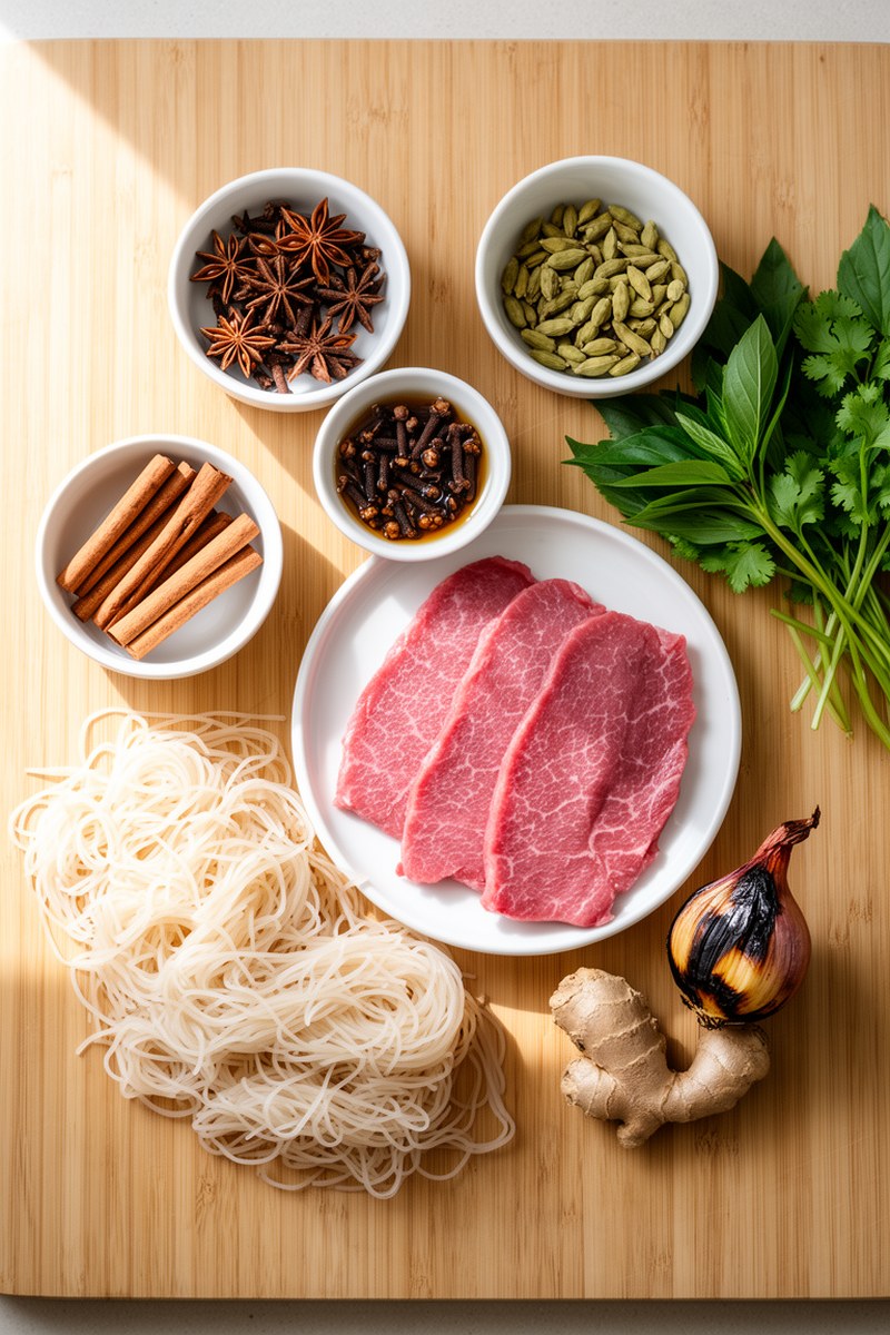 Ingredients for Pho Recipe laid out on wooden board