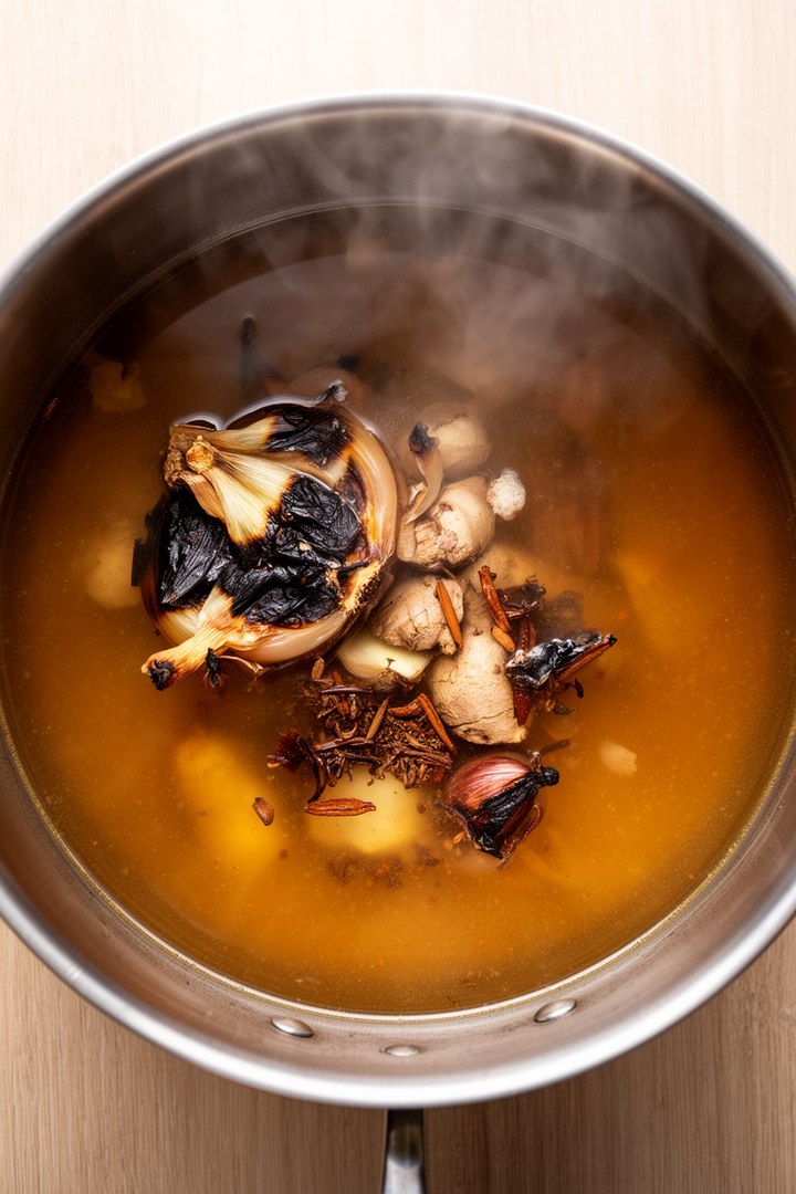 Step 3 of making Pho Recipe — Simmering broth building depth