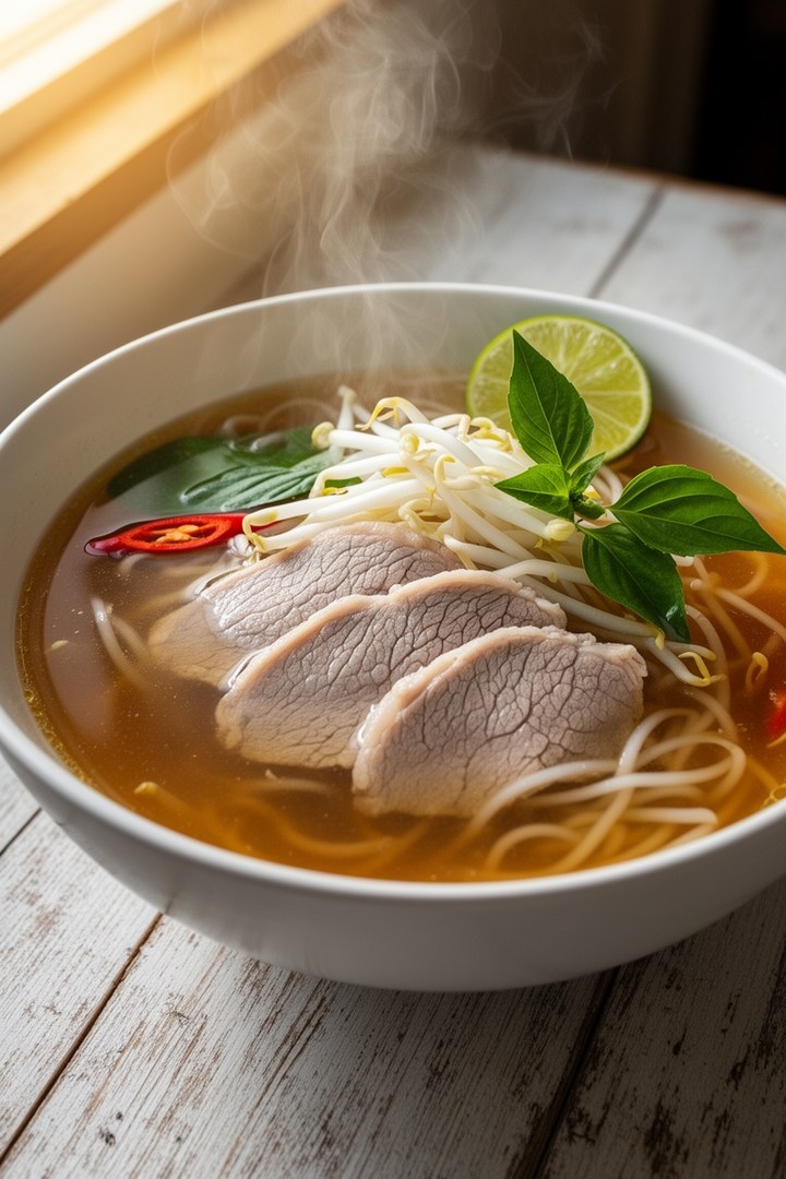 Step 6 of making Pho Recipe — Finished pho bowl steaming
