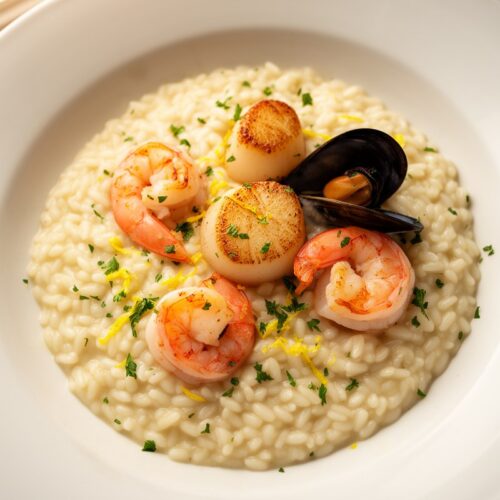 Overhead portrait of creamy seafood risotto with pink shrimp, seared scallops and mussels in wide white bowl