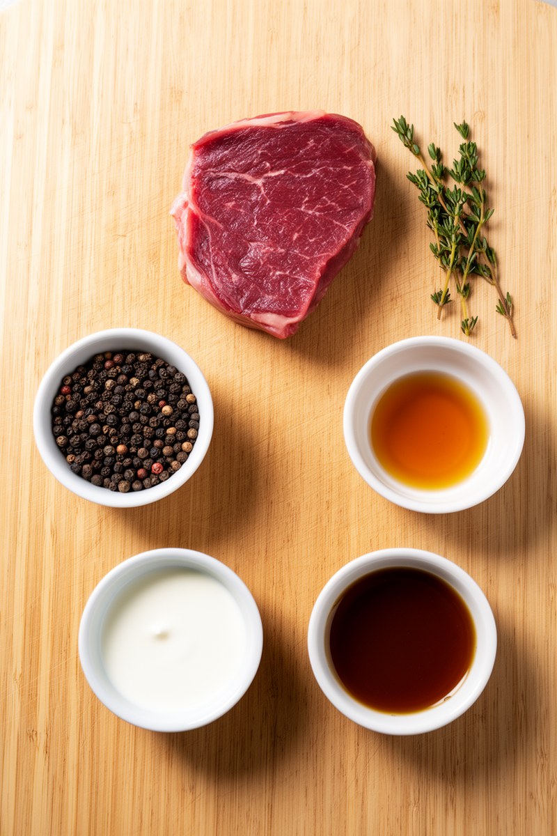 Ingredients for Steak Au Poivre Recipe laid out on wooden board