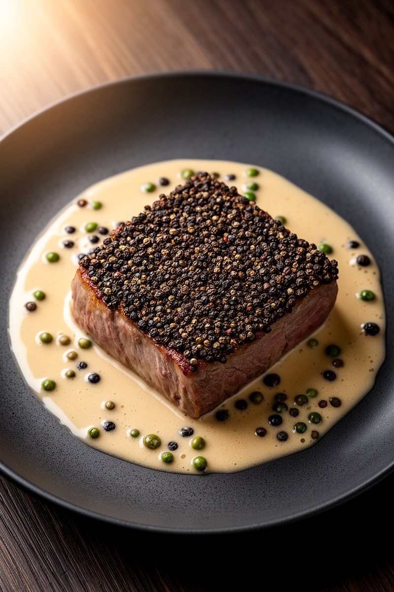 Steak Au Poivre Recipe on plate, ready to serve