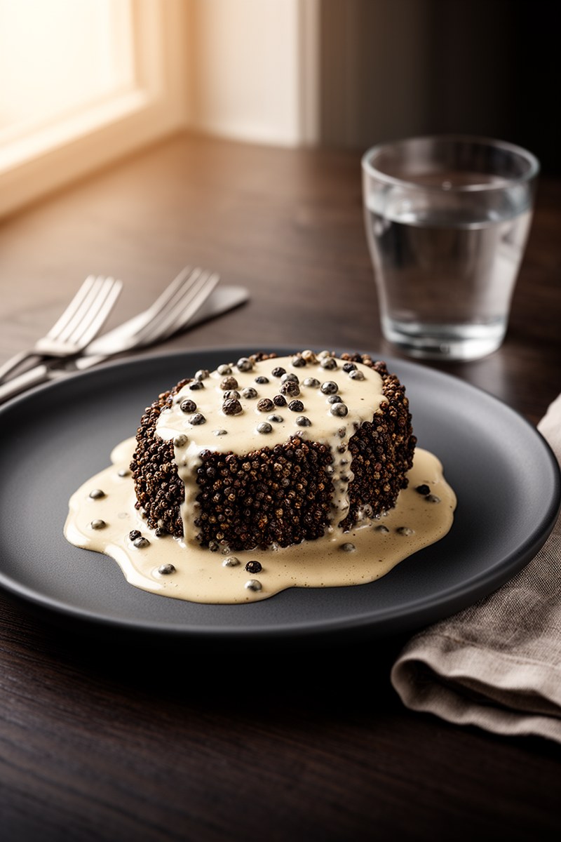 Steak Au Poivre Recipe served on white ceramic plate