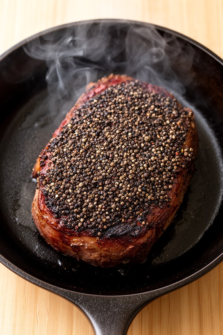 Step 2 of making Steak Au Poivre Recipe — Sear in smoking pan