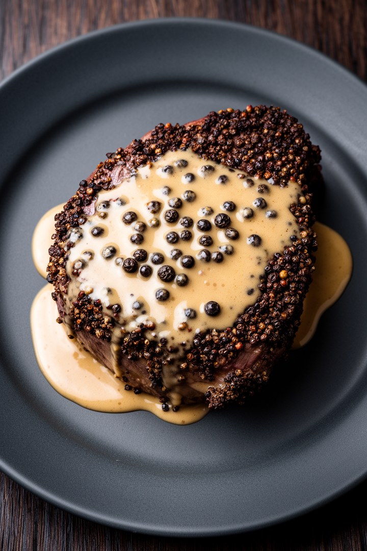 Step 5 of making Steak Au Poivre Recipe — Plate and sauce