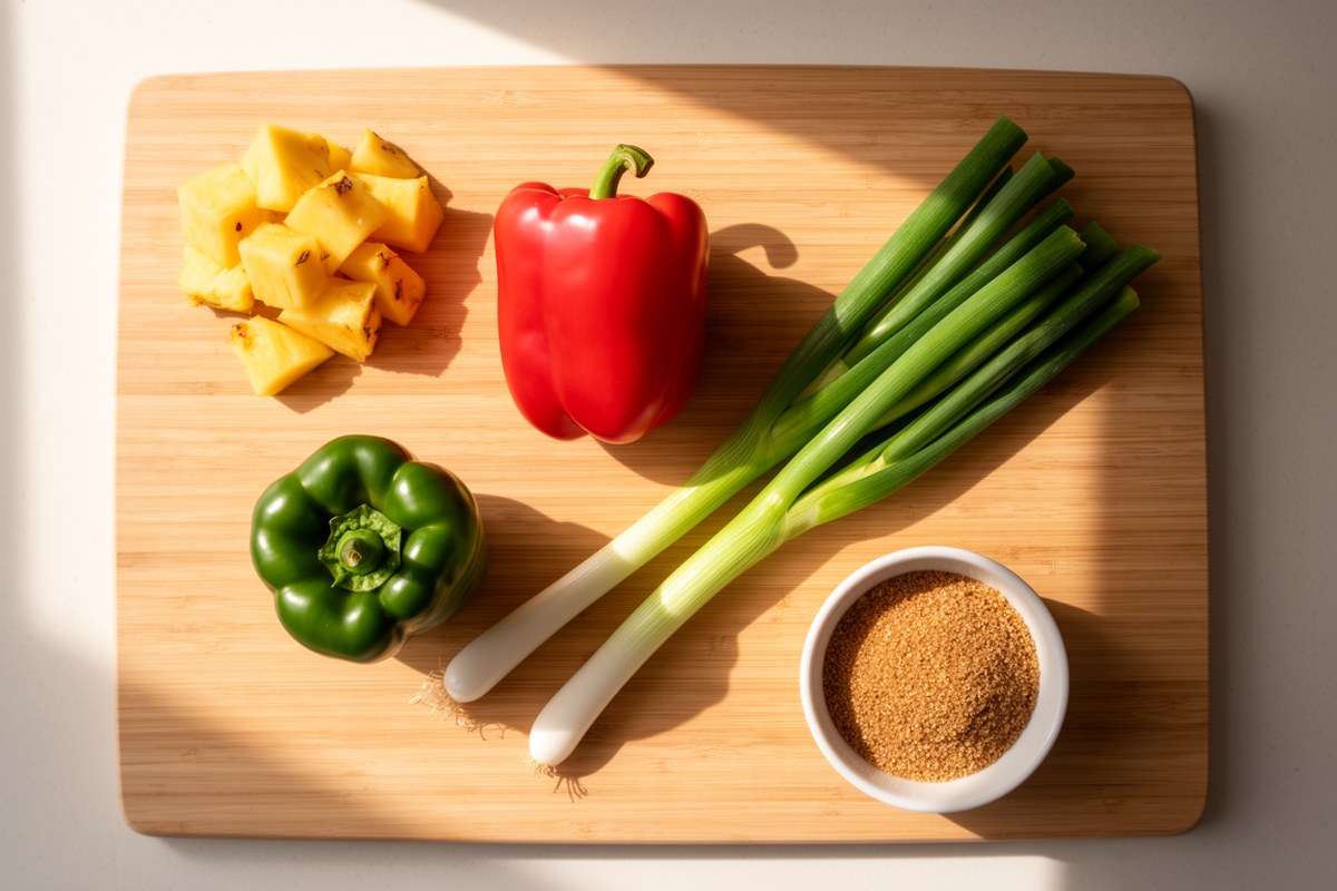 Ingredients for Sweet Sour Pineapple Chicken laid out on wooden board