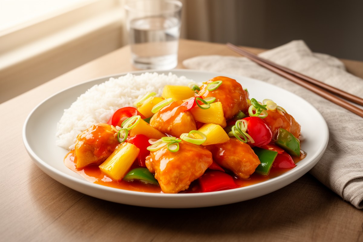 Sweet Sour Pineapple Chicken served on white ceramic plate