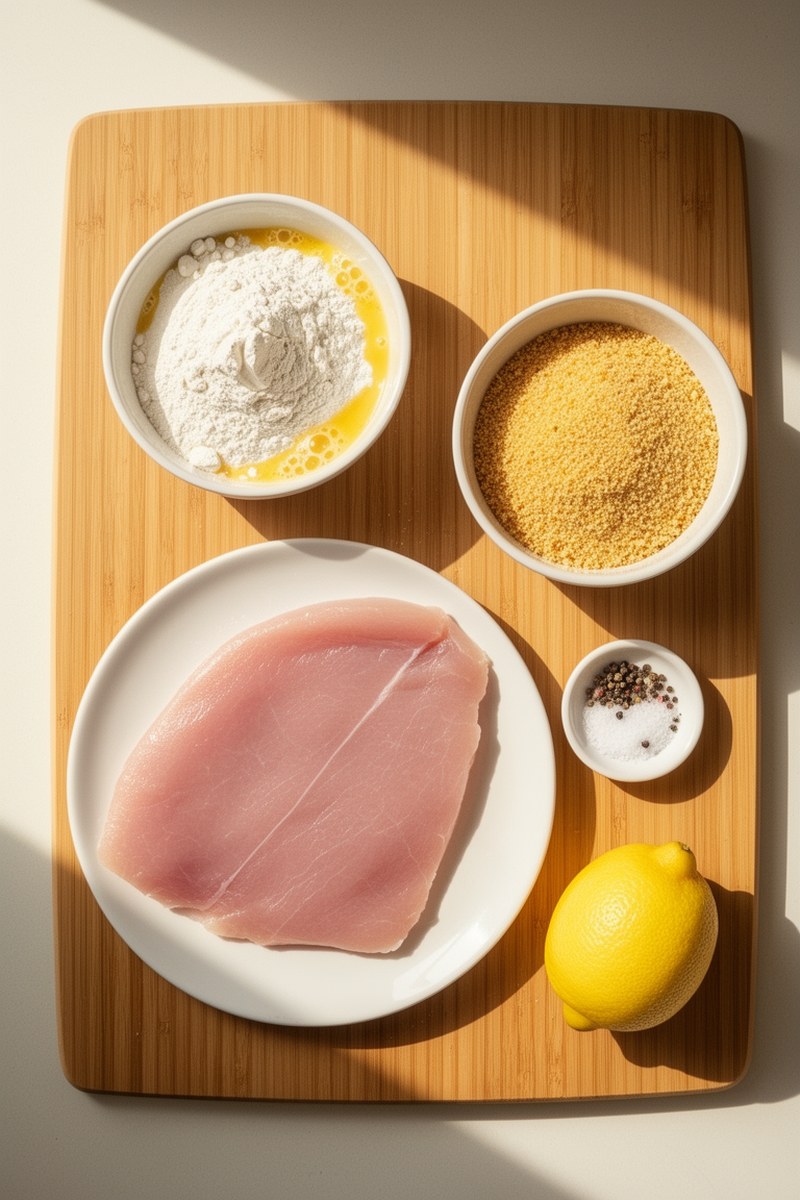 Ingredients for Wiener Schnitzel Recipe laid out on wooden board