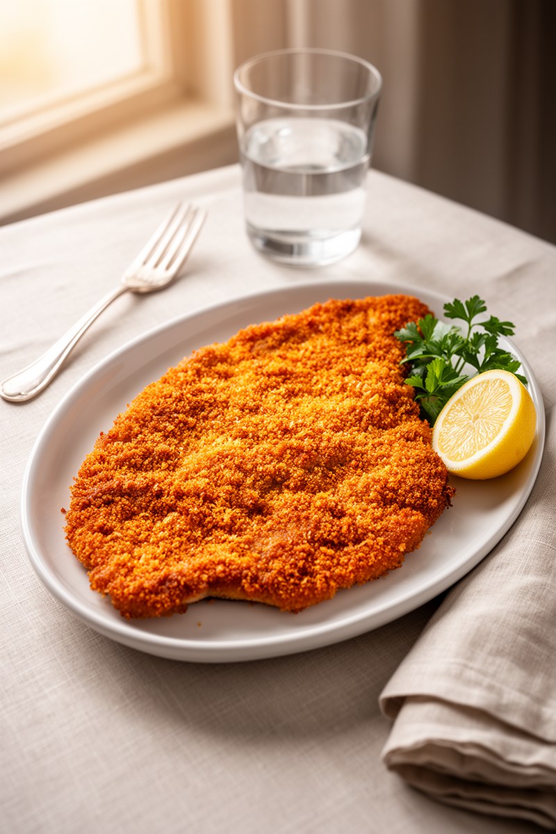 Wiener Schnitzel Recipe served on white ceramic plate