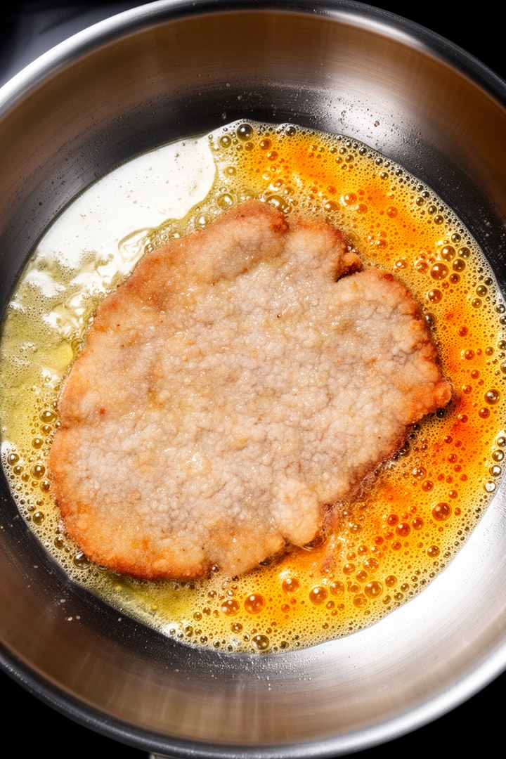 Step 5 of making Wiener Schnitzel Recipe — Schnitzel frying with tilt