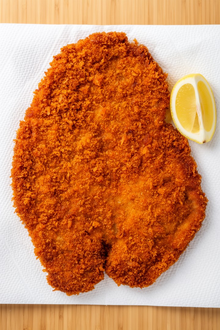 Step 6 of making Wiener Schnitzel Recipe — Finished with puffed crust